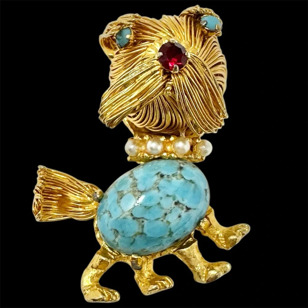 Vintage Hubbell Glass Jelly Belly Spagetti Wire Art Dog Brooch